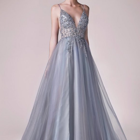 Andrea & Leo Couture Dresses & Skirts - SMOKEY BLUE COLOR PROM PARTY Deep V-Neck Leg Slit Evening Dress ALA0672